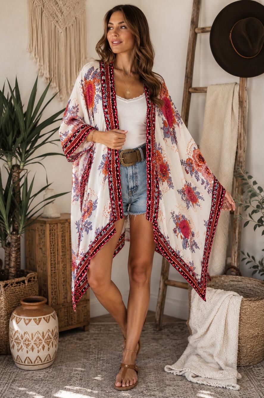 Flying Tomato Kimono M/L Floral Boho Duster Cardigan Handkerchief Hem Rayon